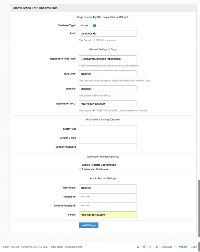 Gogs installation page